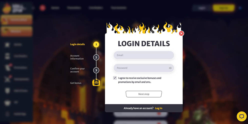 Screenshot of the first registration step at HellSpin Casino for Australian players.