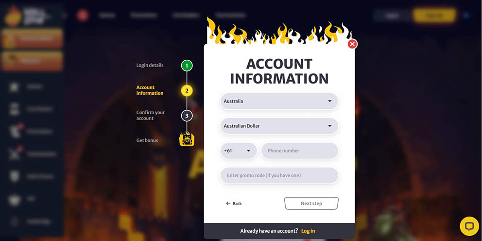 Screenshot of the second registration step at HellSpin Casino for Australian players.