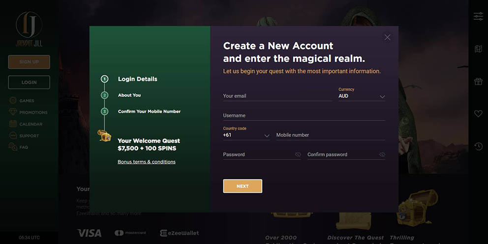 Screenshot of the second registration step at Jackpot Jill Casino for Australian players.