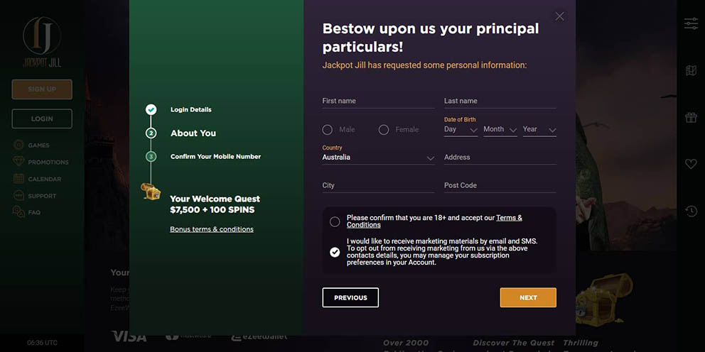 Screenshot of the third registration step at Jackpot Jill Casino for Australian players.