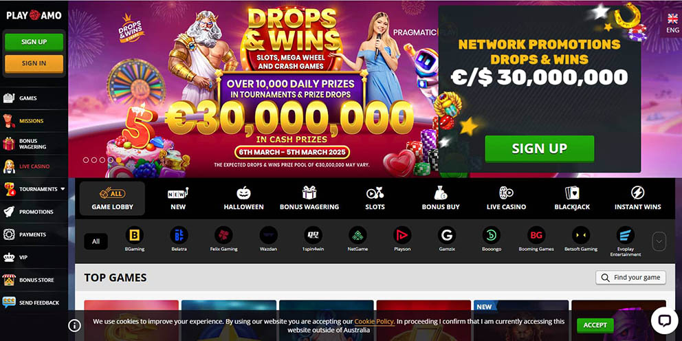 Screenshot of the first registration step at PlayAmo Casino for Australian players.