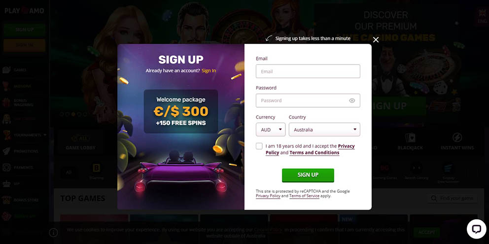 Screenshot of the second registration step at PlayAmo Casino for Australian players.