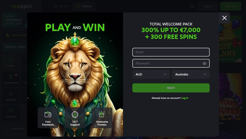 Online pokie registration page