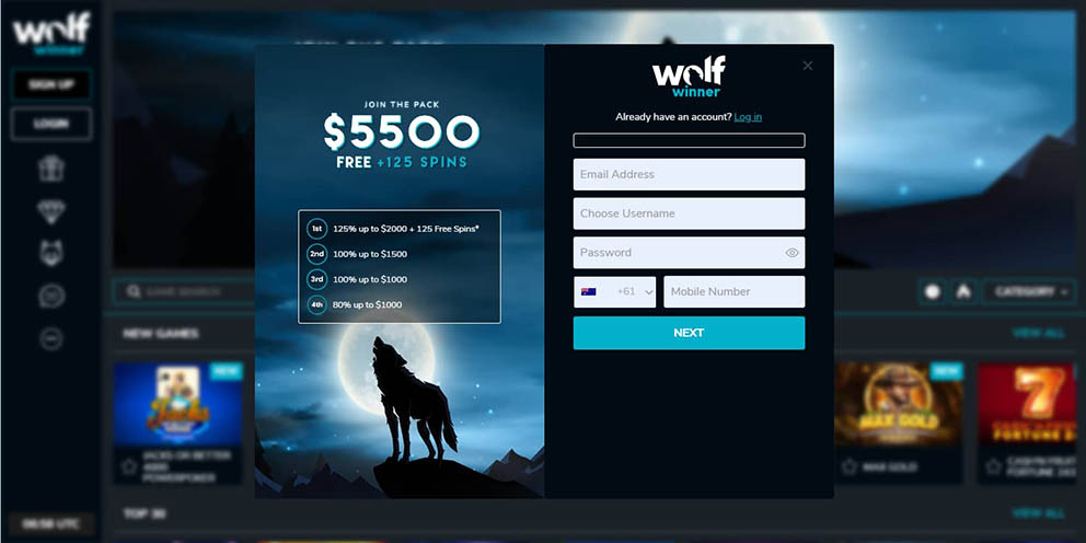 Screenshot of the first registration step at Wolf Winner Casino for Australian players.