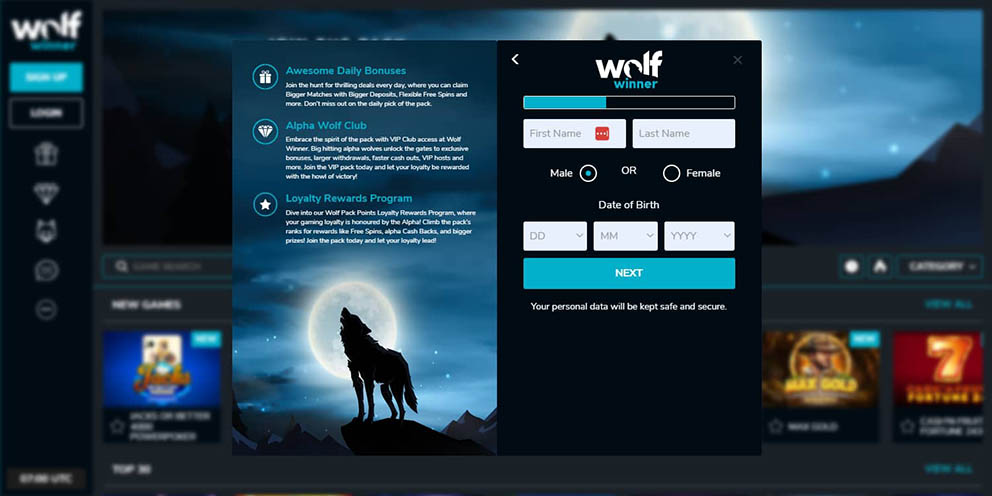 Screenshot of the second registration step at Wolf Winner Casino for Australian players.