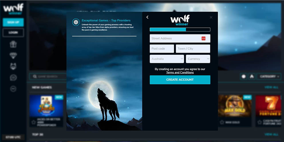 Screenshot of the third registration step at Wolf Winner Casino for Australian players.